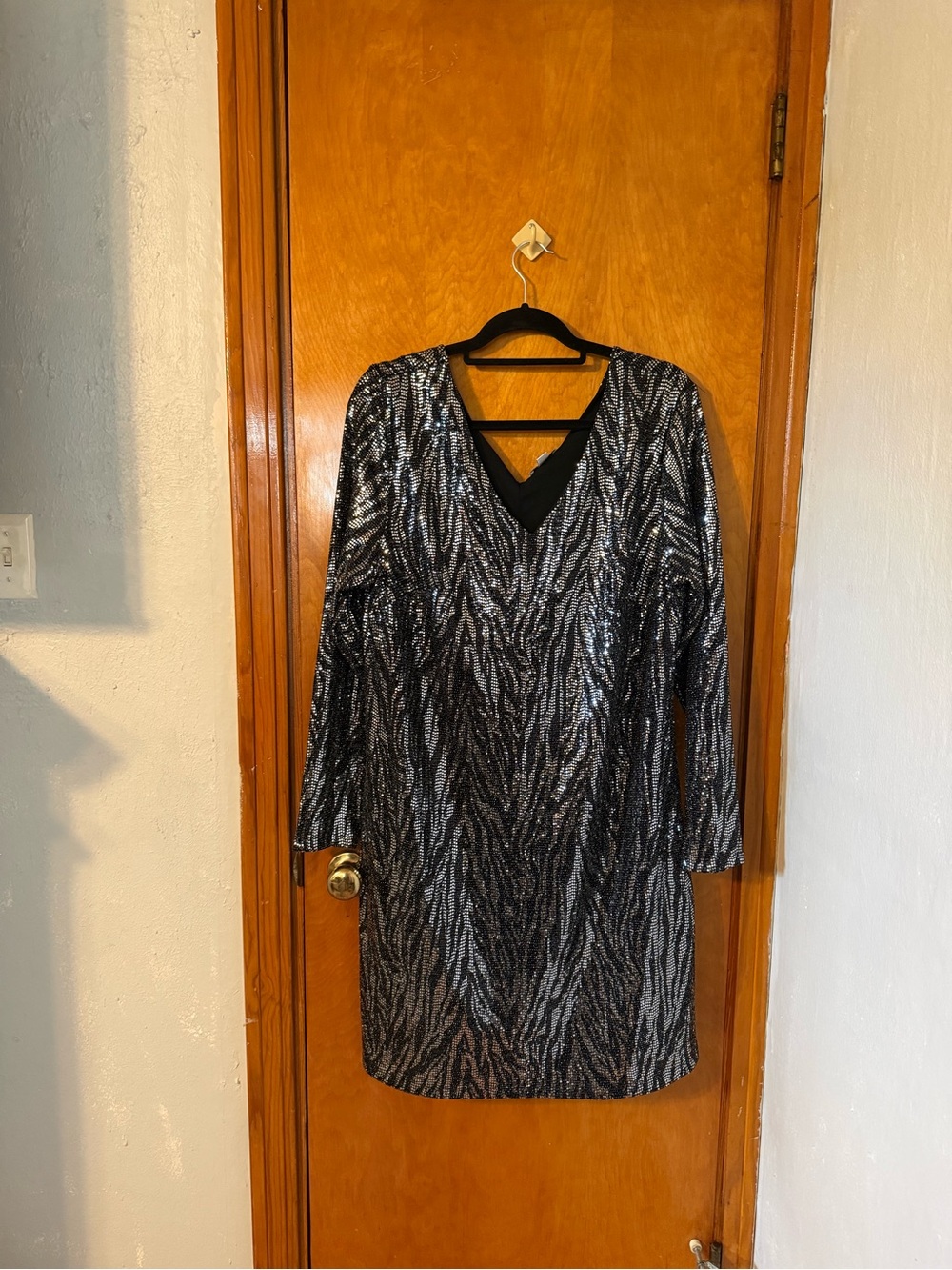 Bar III Black and Silver Embellished V-Neck Long Sleeve Dress